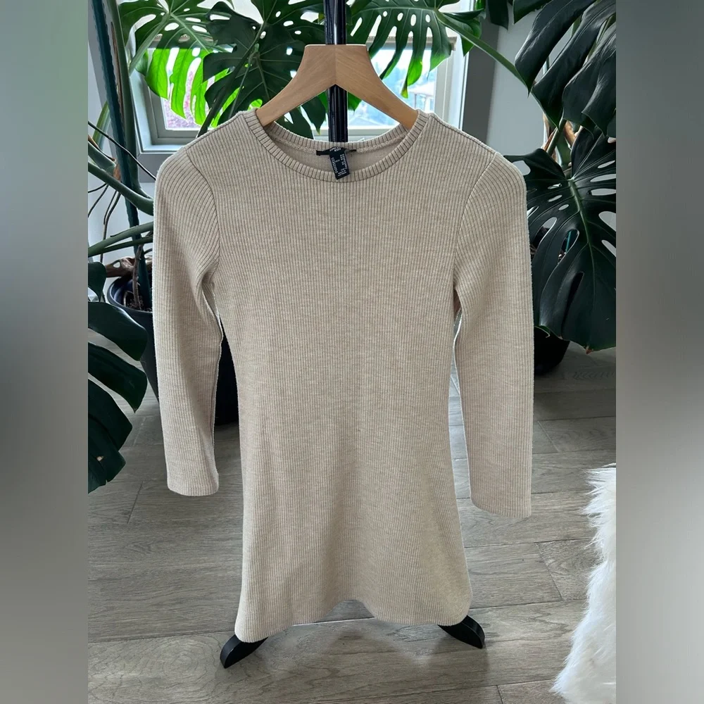 Girls' Long Sleeve Ribbed Knit Dress - Cream size 9/10